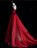 Bonnyshow Sexy Ball Gown Strapless Red Satin Evening Gowns Long Prom Dresses SD1871