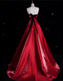 Bonnyshow Sexy Ball Gown Strapless Red Satin Evening Gowns Long Prom Dresses SD1871