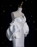 Bonnyshow Sexy Mermaid Strapless Short Sleeves White Satin Wedding Dresses Brides Dress SD1872
