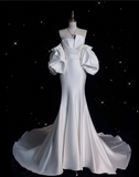 Bonnyshow Sexy Mermaid Strapless Short Sleeves White Satin Wedding Dresses Brides Dress SD1872