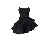 Bonnyshow Cute A line Strapless Black Vacation Dresses Short Satin Birthday Dress SD234