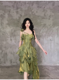 Bonnyshow Pretty Irregular Ruffled Spaghetti Straps Green Prom Dresses With Detachable Rose Long Birthday Dress For Women SD236