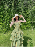 Bonnyshow Pretty Irregular Ruffled Spaghetti Straps Green Prom Dresses With Detachable Rose Long Birthday Dress For Women SD236