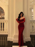 Bonnyshow Sexy Sheath Spaghetti Straps Lace Red Velvet Long Prom Dresses Birthday Outfits With Gloves SD587