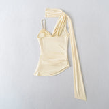 Bonnyshow  5 color 2025 Summer Halter Collar Bandage Camis Women Single Shoulder Irregular Short Tank Tops Backless Sexy Slim Crop Top Tees