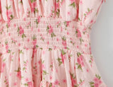 Bonnyshow  Sweet Women Pink Floral Print Mini Dress Sexy Off Shoulder Short Sleeve Elastic Waist Holiday Party Dress Summer Robe
