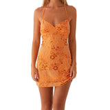 Bonnyshow  Women s Sequin Floral Embroidered Sleeveless Mini Dress with Cross Back Spaghetti Straps for Summer Beach Party