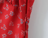 Bonnyshow  Sexy Red Floral Print Ruched Chest Deep V neck Short Sleeve Mini Dress Woman Tie Bow Sashes A-lined Dresses Femme Vestidos