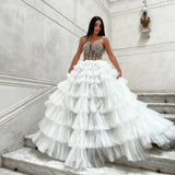 Bonnyshow Luxury Sparkle Rhinstone Evening Dresses Big Volume Layered Tulle Ball Gowns Bridal Party Dress Beaded Evening Gowns