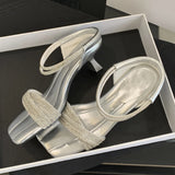 Bonnyshow  CRYSTAL Diamond Narrow Band Square Toe Women Slippers Fashion Thin Low Heels Sandals Ladies Summer Shoes