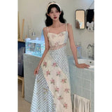 Bonnyshow  Summer Women Long Dress Sleeveless Patchwork Floral Gingham Spaghetti Strap Elegant Slim Maxi Dress Casual Vacation Beachwear