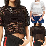 Bonnyshow Fashion Women' Oversized T-shirt Solid Black White Fishnet Crop Top Sexy See Through Summer Woman Clothing Tees T Shirts