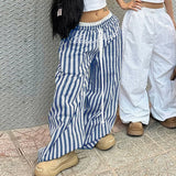 Bonnyshow  Y2k Letter Print Striped Wide Leg Pants Streetwear Baggy Trousers Women Drawstring Pocket Casual Pants Summer Clothing