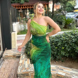 Bonnyshow Green Print Long Dress Women Fashion One Shoulder Slim Evening Party Dresses Summer Sexy Backless Ruched Maxi Dress