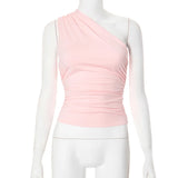 Bonnyshow Solid Color One Shoulder Backless Shrink Tank Top T-Shirt Candy Color Tight Sexy Sleeveless Neckless Slim Casaul Top