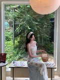 Bonnyshow  Summer Women Long Dress Sleeveless Patchwork Floral Gingham Spaghetti Strap Elegant Slim Maxi Dress Casual Vacation Beachwear