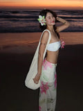 Bonnyshow  Vacation Pretty Women Two-Piece Set 3d Flowers Bandeau Mini Top+See Through Print Bottoms Beach Party Matching Suits