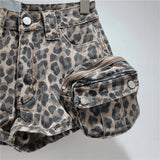 Bonnyshow  Fashion Leopard Print Retro Elastic Shorts Women's High Waist 3D Big Pockets Hot Pants Summer New