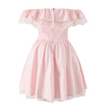 Bonnyshow  Sexy Off Shoulder Elegant Pink Party Mini Dresses For Women Lace Spliced Bow Ball Gown Summer Dress Birthday Robe