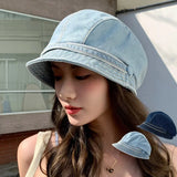 Bonnyshow Solid Color Denim Pile Caps for Women Retro Korean Girl Loose Painter Caps Streetwear Outdoor Sun Visor Hats