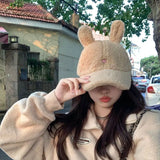 Bonnyshow Lamb Fleece Baseball Cap for Women Kawaii Cartoon Plush Peaked Cap  Y2K Korean Winter Warm Cute Ears Girls Sun Hats