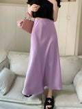 Bonnyshow Women's Skirts High Waist Silk Satin A-line Skirt Lady Fashion Solid Color Purple Long Skirts for Women Fashion 2024