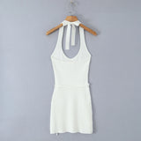 Bonnyshow  3 COLORS Sexy Knitting Tie Bow Halter Collar Dress Women Lacing Up Bow Belt Skinny Package Hips Short Knit Dresses Tank Robe