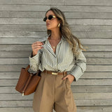Bonnyshow  Summer New Women's Wear Versatile European and American Style Stripe Basic Poplin Shirt