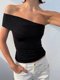Bonnyshow  Daily Slanted Shoulders t-Shirts Women Folds Skinny Elegant Temperament Summer Trend Commute Versatile Solid Classic Top