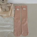 Bonnyshow Korean Cotton Ruffles Middle Tube Socks for Women Solid Color Label Pile up Socks Japanese Lolita Girl Accessories New year gift