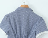 Bonnyshow  Sweet Girl Plaid Shirt Blouse Short Sleeve Lapel Collar Slim Lady Summer Tops