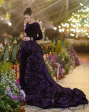 Bonnyshow Amazing Dark Purple 3D Flower Long Evening Dresses With Detachable Train Full Sleeves Modest Velvet Long Formal Dress Prom Gowns