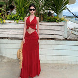 Bonnyshow  Sexy Pleated 2 Piece Suit Women Halter Backless Lace Up Tank Slim Hip Package Long Skirt Female Set Spring Summer Lady Sets