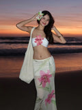 Bonnyshow  Vacation Pretty Women Two-Piece Set 3d Flowers Bandeau Mini Top+See Through Print Bottoms Beach Party Matching Suits