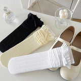 Bonnyshow Japanese Lolita Socks for Women Cute Bow Ruffle Stockings White Lace Knee High Sock Sweet Girls Thigh High Socks