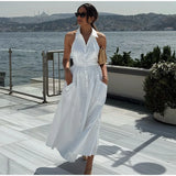 Bonnyshow  Women Shirt Belt  A-line Dressess Casual Laple Single Breasted Pockets Waist Cinching Maxi Dress Summer Lady Evening Party Gowns