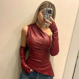 Bonnyshow Women Y2K PU Leather Asymmetrical T-shirts with Sleeves Gloves Fashion Sexy One Shoulder Sleeveless Slim Tops Clubwear Tees