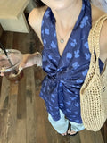 Bonnyshow  French Blue Floral Neck Sling Women'S Fashion Backless V-Neck Vacation Leisure Mid Length Hanging Neck Dress New