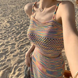 Bonnyshow  Two-Piece Suit Women'S Hollow Out Knitted Rainbow Stripe Camisole Top And Skirt Set Mid Length Skirt Summer Vacation Tops New
