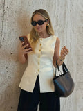 Bonnyshow  Golden Single Breasted Knit Sweater Vest For Women Causal  Sleeveless V-neck Slim Knitted Cardigan Spring New High Street Tops
