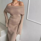 Bonnyshow Autumn Winter Knitted Maxi Dress Women Sexy Off The Shoulder Slim Sweater Dresses Elegant Long Sleeve Solid Basic Party Dress