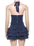 Bonnyshow  Low-Neck Polka Dots Women Two-Piece Set Halter Sleeveless Backless Mini Top+Multi-Layered Ruffles Sweet Bottoms Suits