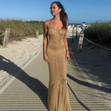 Bonnyshow  Sexy Glitter Low Cut Long Beach Dresses Women Chic Sleeveless Shiny Pleated Hem Sling Dress Female Spring Party Holiday Vestidos