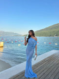 Bonnyshow  Chic Blue Mesh Pleated See Through Dress Summer Women Full Sleeveless One Shoulder Backless Long Dresses New Lady Holiday Robes