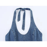 Bonnyshow  Sexy Backless Halter Denim Jumpsuit Women High Street Summer Romper Short Playsuit