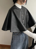 Bonnyshow Solid Color Leather Women's Cloak Shawl Fashion Round Neck Single Breasted Short Tops Autumn Casual Loose Retro Women Jacket
