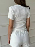 Bonnyshow  White Sweet Eyelet Long Sleeve T-shirt Shorts Set Women Casual Home Pajama 2 Piece Sets Slim Tees+Elastic Straight Sweatshort
