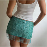 Bonnyshow  Sexy Sequin Tassel Women's Skirts Solid High Waist Patchwork All Match Female Skirt 2025 Summer New Lady Party Club Streetwears