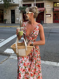 Bonnyshow  Elegant Flower Print Long Dress For Women Fashion V-neck Sleeveless High Waist A-line Maxi Dress Lady 2025 Summer Beach Robes
