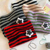 Bonnyshow Y2K Cute Star Devil Knitted Beanies for Women Korean Ins Striped Knitted Skullies Hat Autumn Winter Warm Wool Pullover Cap